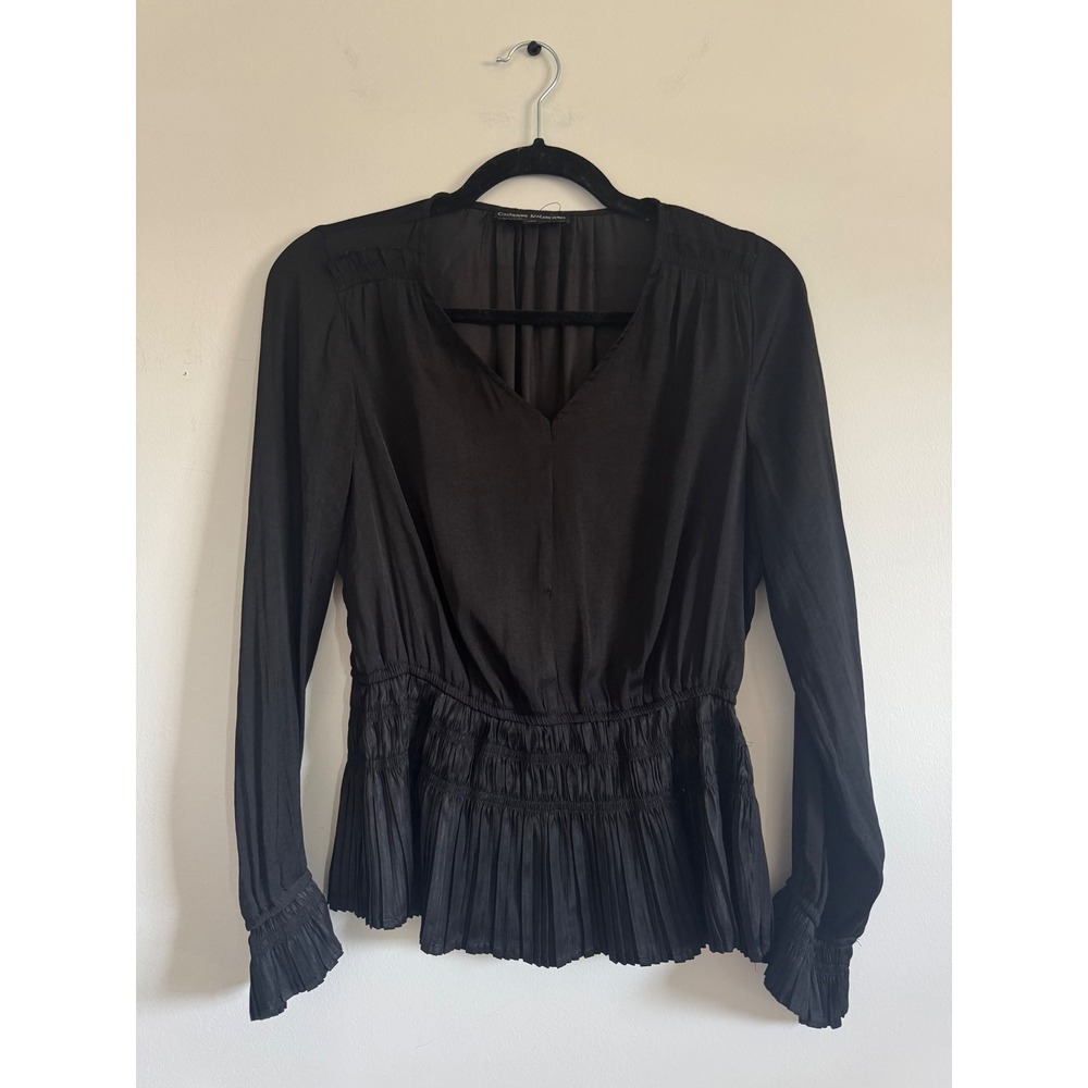 Catherine Malandrino Black Smocked Peplum Blouse Long Sleeve Pleated VNeck Small